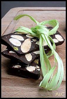 recette ** Du Nougat au chocolat Noir incrusté d' amandes et de pistaches grillées **