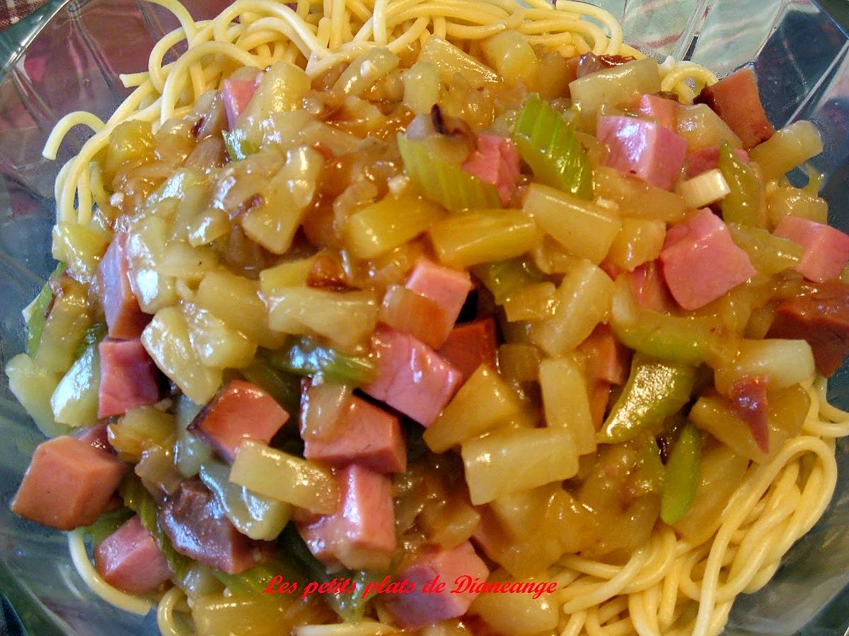 recette Spaghettis au jambon et ananas , sauce aigre-douce