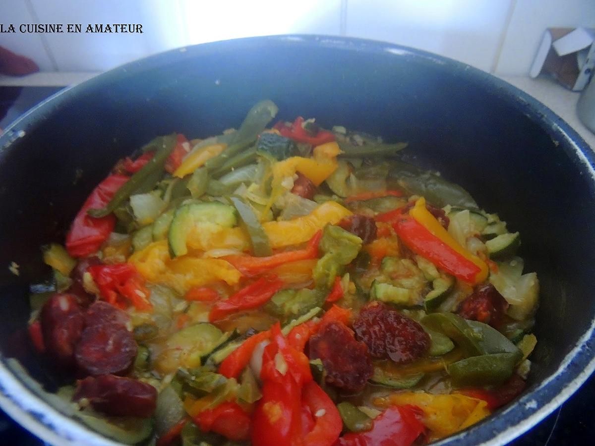 recette Emincé de poulet, chorizo aux 3 poivrons et courgettes