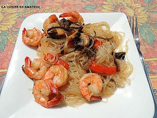 recette Vermicelles de soja aux champinons et crevettes