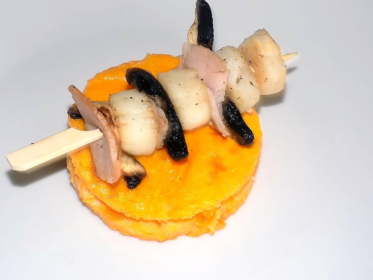 recette Brochettes de saint-jacques et flan de courge