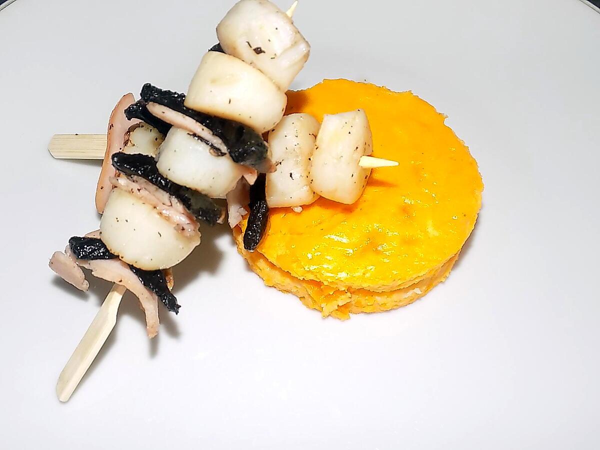 recette Brochettes de saint-jacques et flan de courge