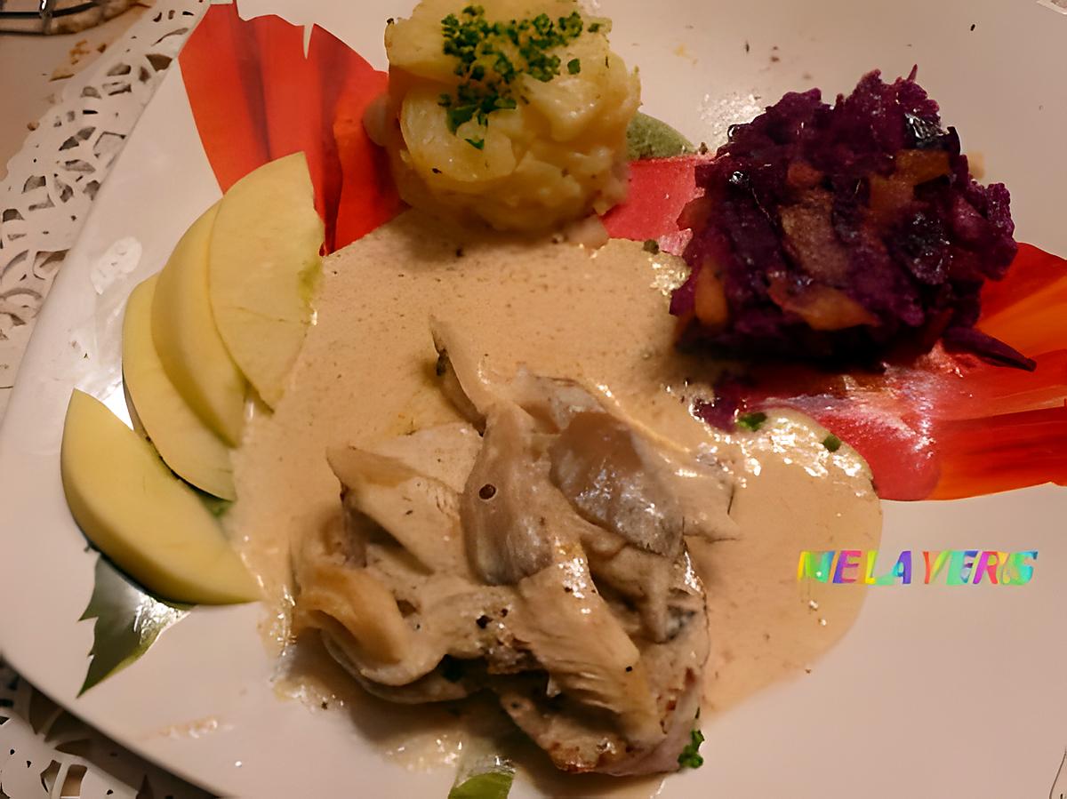 recette TOURNEDOS DE VEAU AUX PLEUROTES  SAUCE AU MADERE,AVEC SON CHOU ROUGE AUX  POMMES