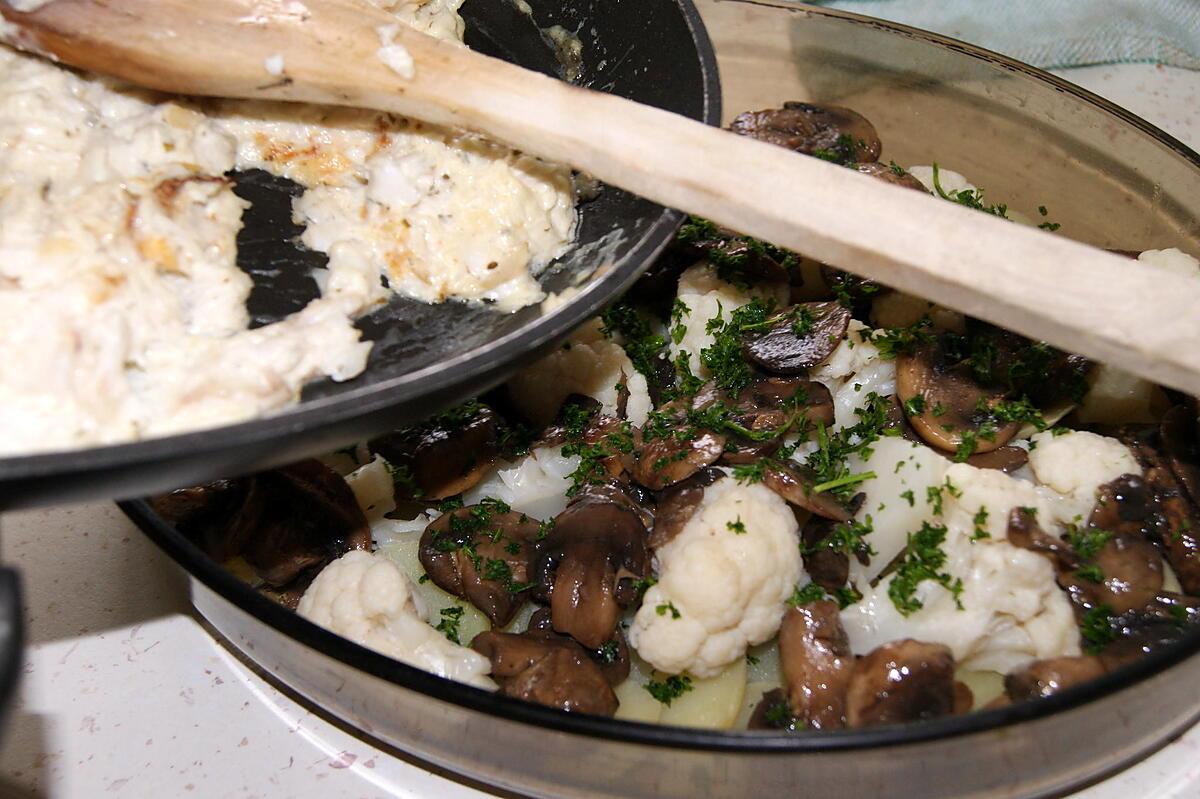 recette Gratin de poisson au chou fleur et champignons