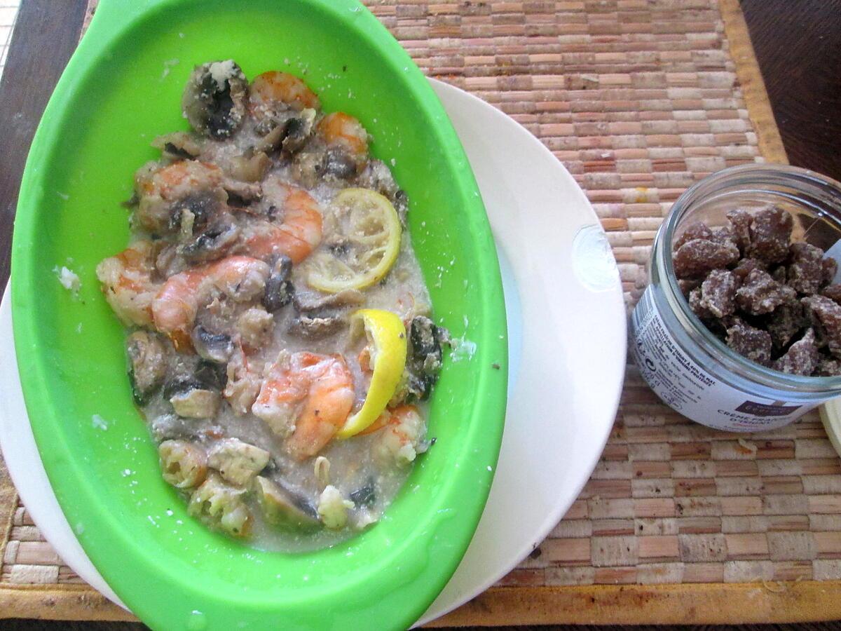 recette crevettes , champignons, citron ,  sauce aigre douce, gingembre confit