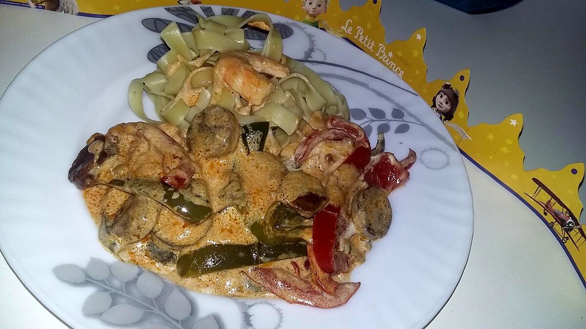 recette Tagliatelles au Crevettes a la creme au poivrons et au chorizo