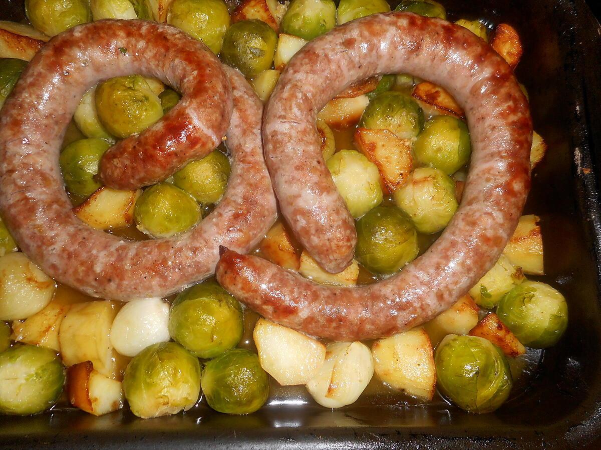 recette Brasse de saucisse aux choux de bruxelles et pommes de terre