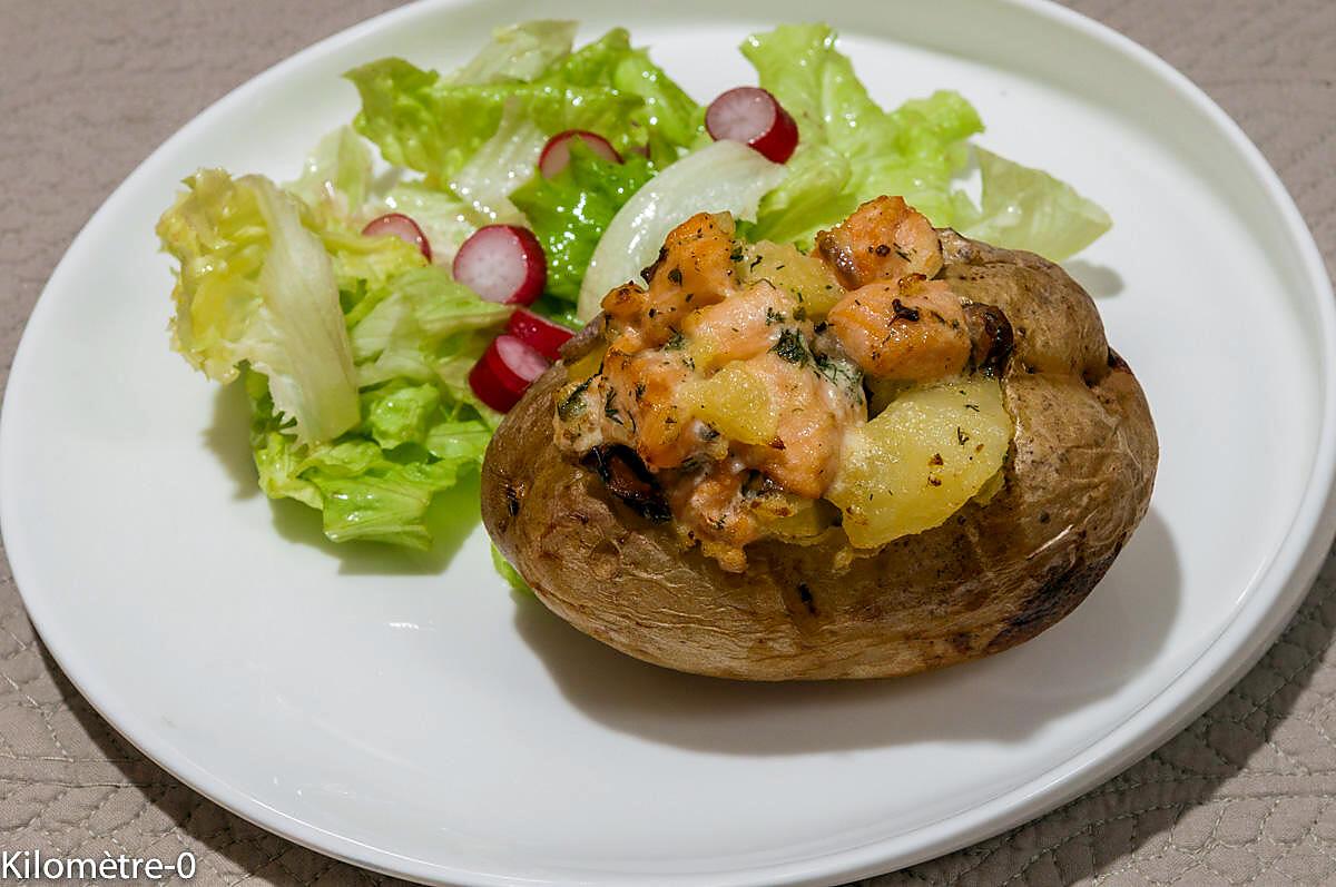 recette Pommes de terre au four au saumon et champignons