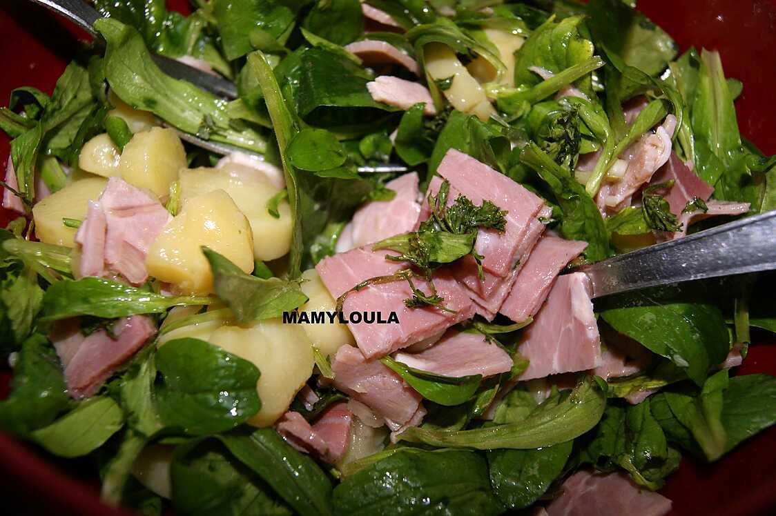 Recette de Salade de pommes de terre/mâche/jambon "anti-cholestérol"