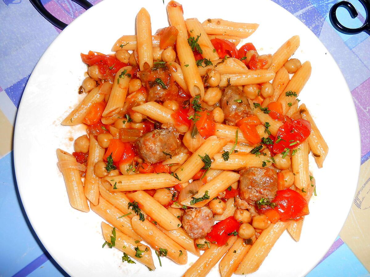 recette PENNE SAUCISSES POIS CHICHE