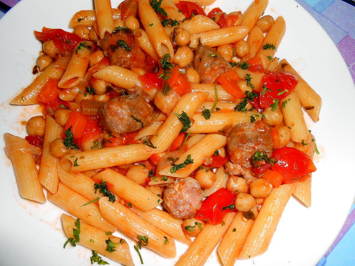 recette PENNE SAUCISSES POIS CHICHE