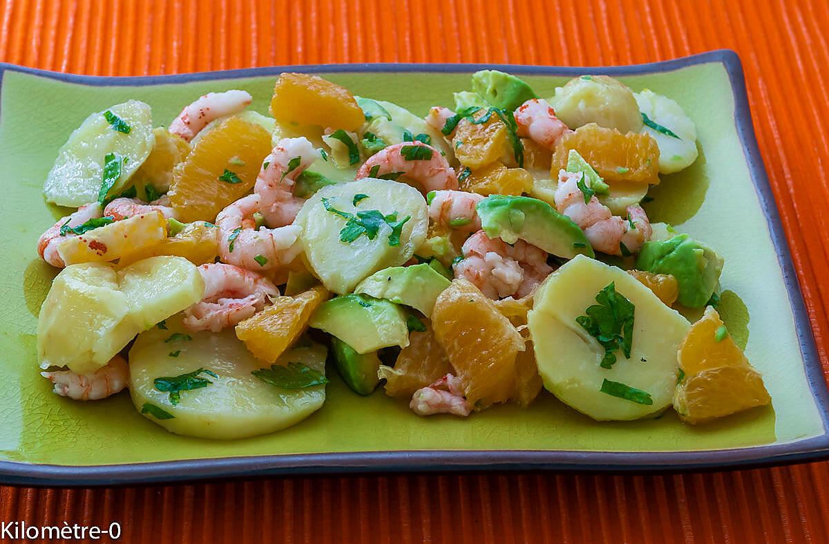 recette Salade de pommes de terre, crevettes et oranges