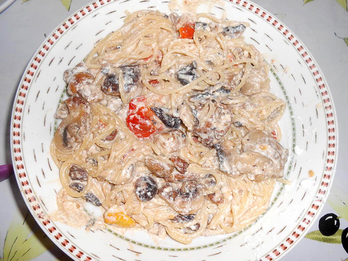 recette SPAGHETTI AU BROCCIU DUO DE TOMATES CERISES ET CHAMPIGNONS MIXTE