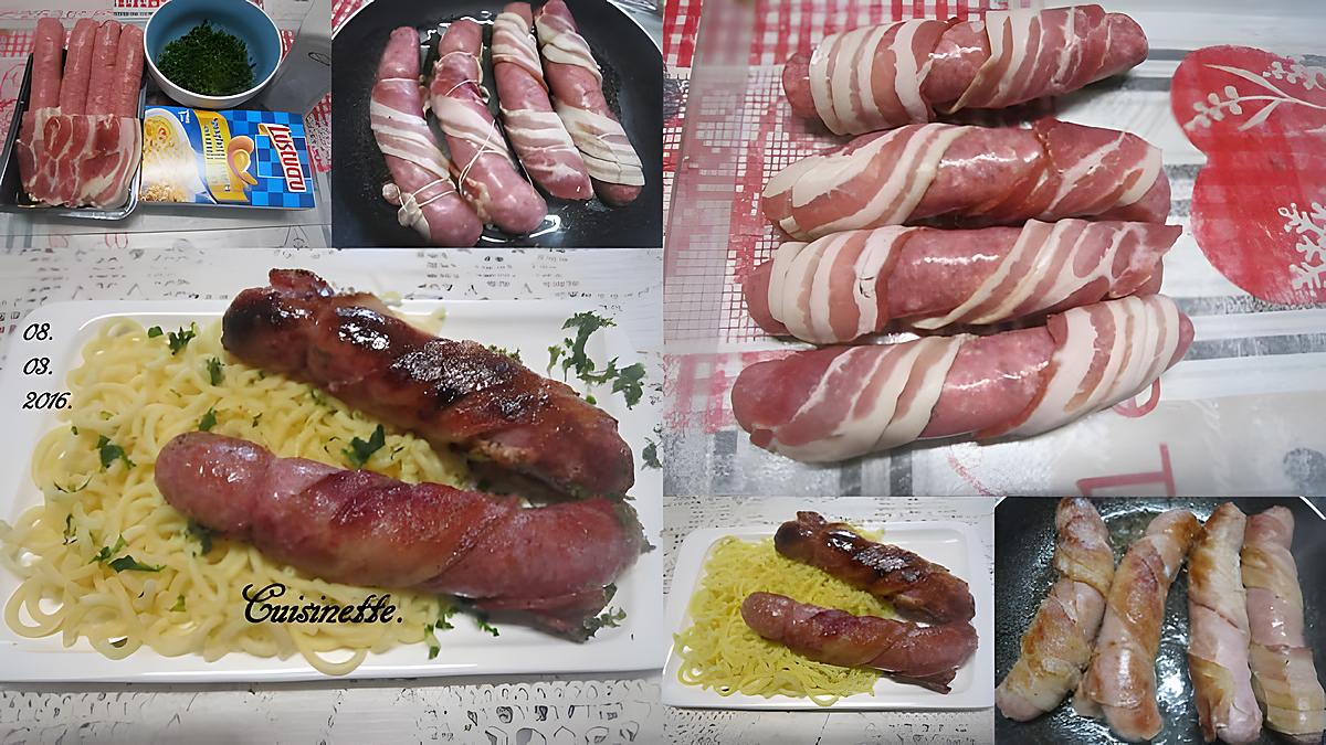 recette Saucisses de Toulouse poitrine fumées.spaghettis courts.