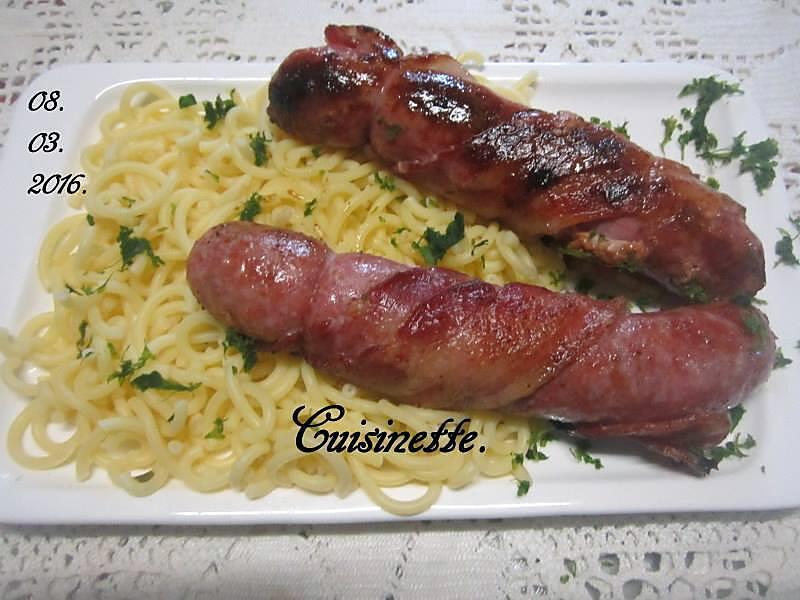 recette Saucisses de Toulouse poitrine fumées.spaghettis courts.