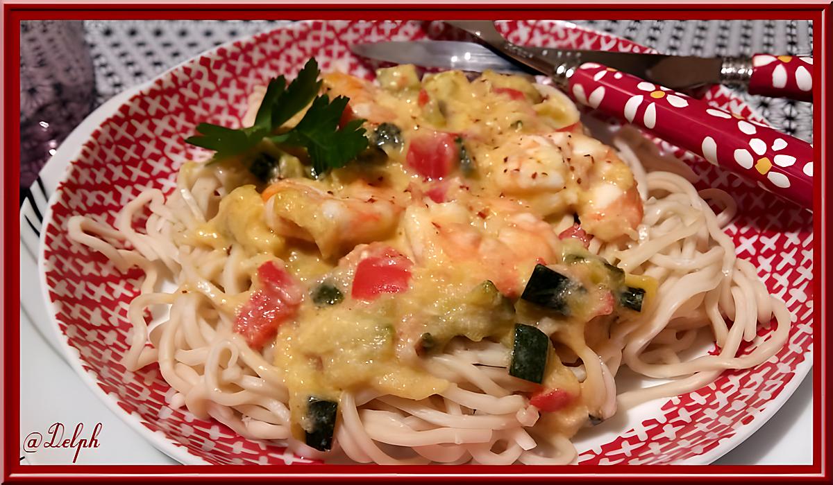 recette Nouilles japonaises aux gambas pimentées et mascarpone.