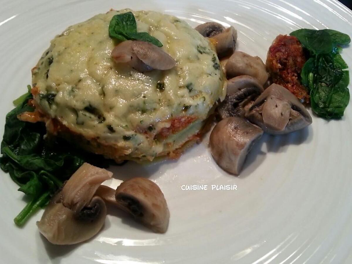 recette Lasagnes poulet, épinards, champignons à la sauce tomate et béchamel