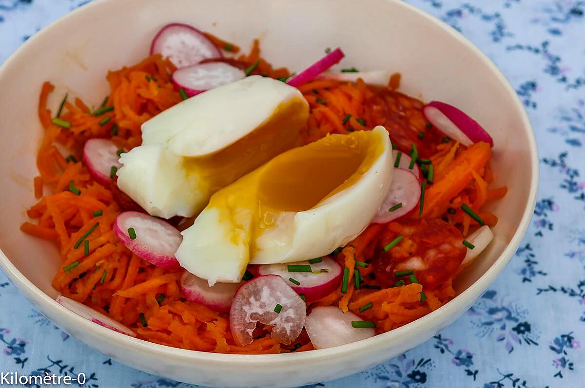 recette Salade de carottes rapées au chorizo et oeuf mollet