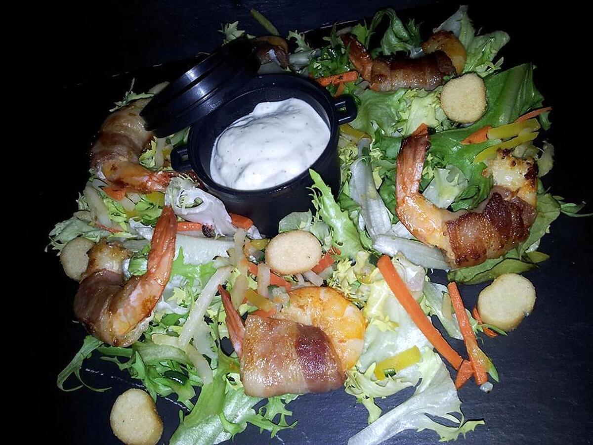 recette Frisée au crevettes lardés et légumes sauce au boursin