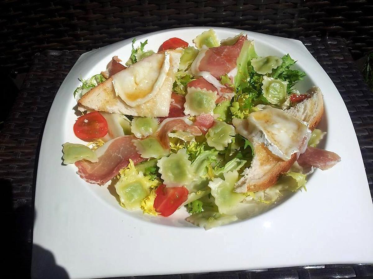 recette Salade de ravioles au jambon-cru et ses croutons de chévre chaud au miel