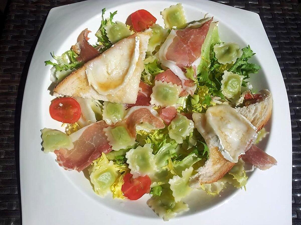 recette Salade de ravioles au jambon-cru et ses croutons de chévre chaud au miel