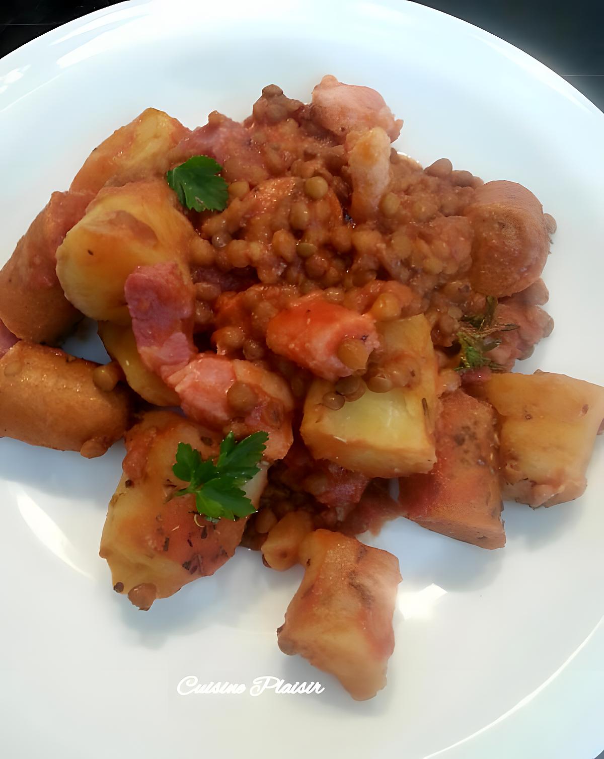 recette Lentilles merguez, lard, Pdt, sauce tomate