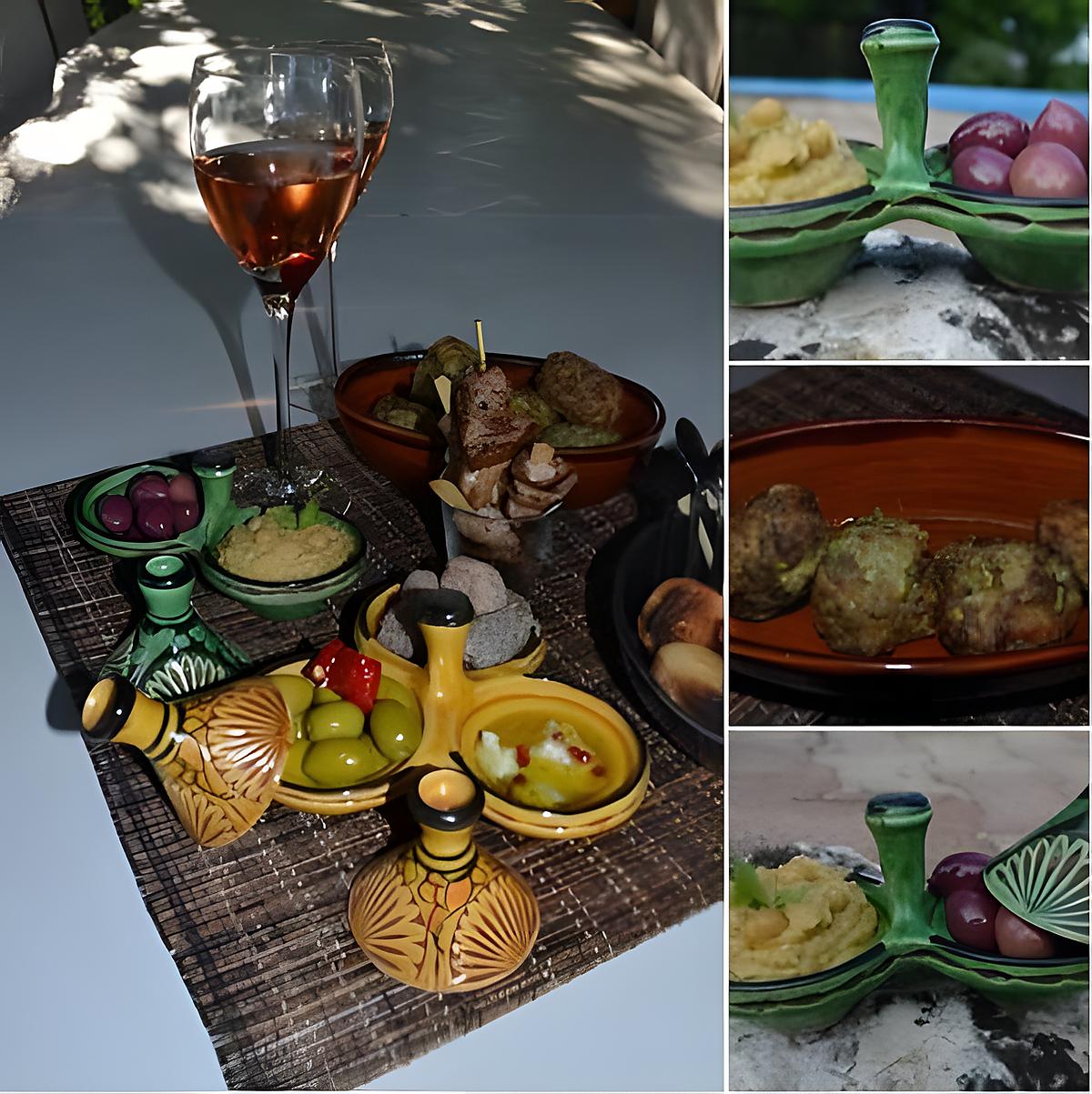 recette MEZZES - Houmous, Keftedes, brochettes agneau, olives, fromage, figuettes...