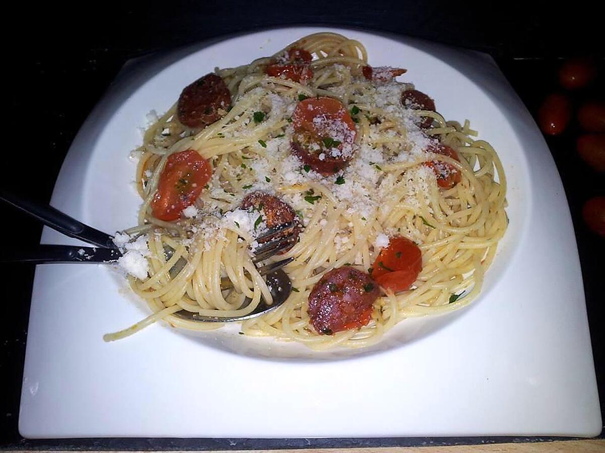 recette Spaghettis aux tomates cerise-chorizo