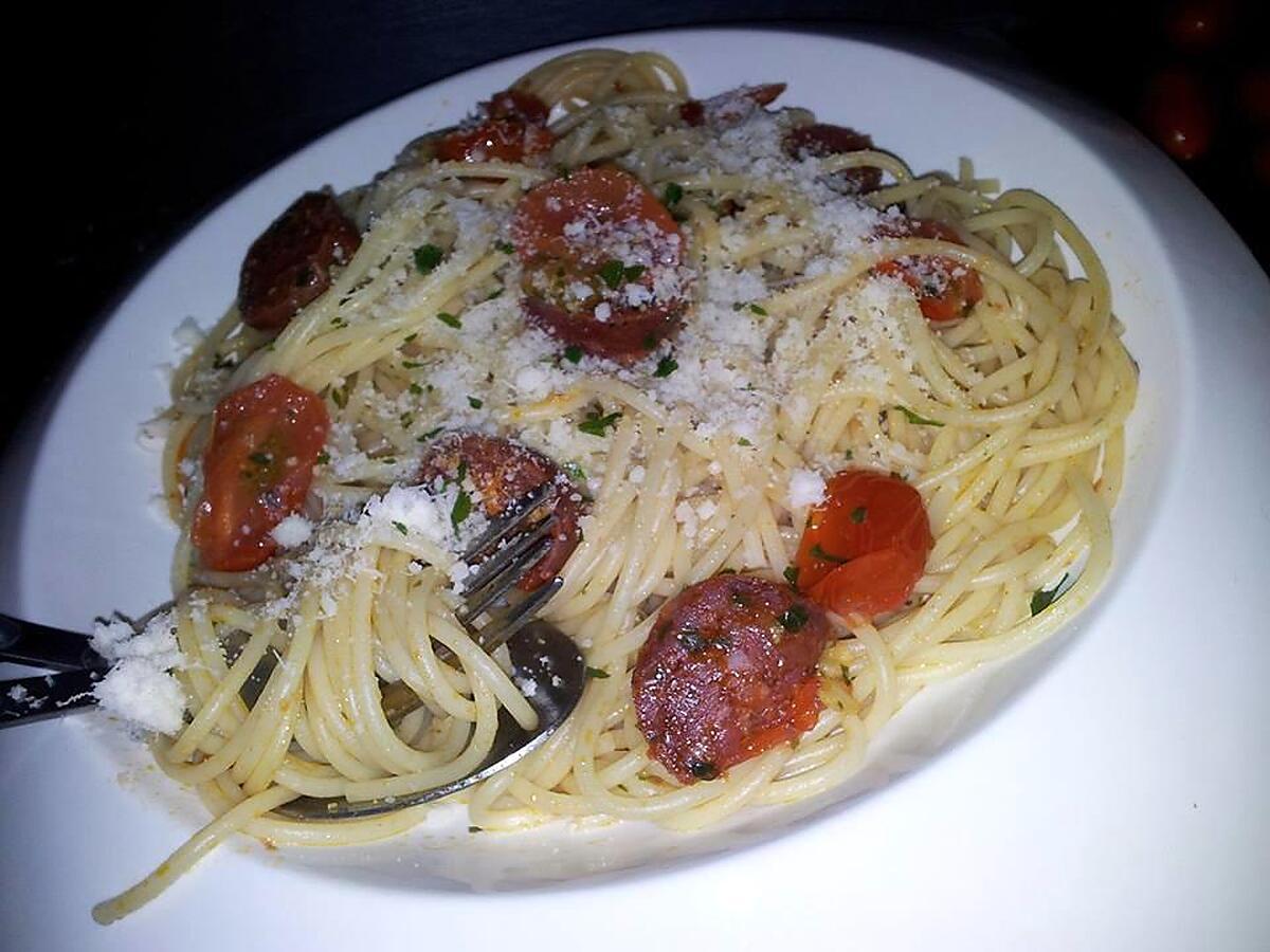 recette Spaghettis aux tomates cerise-chorizo