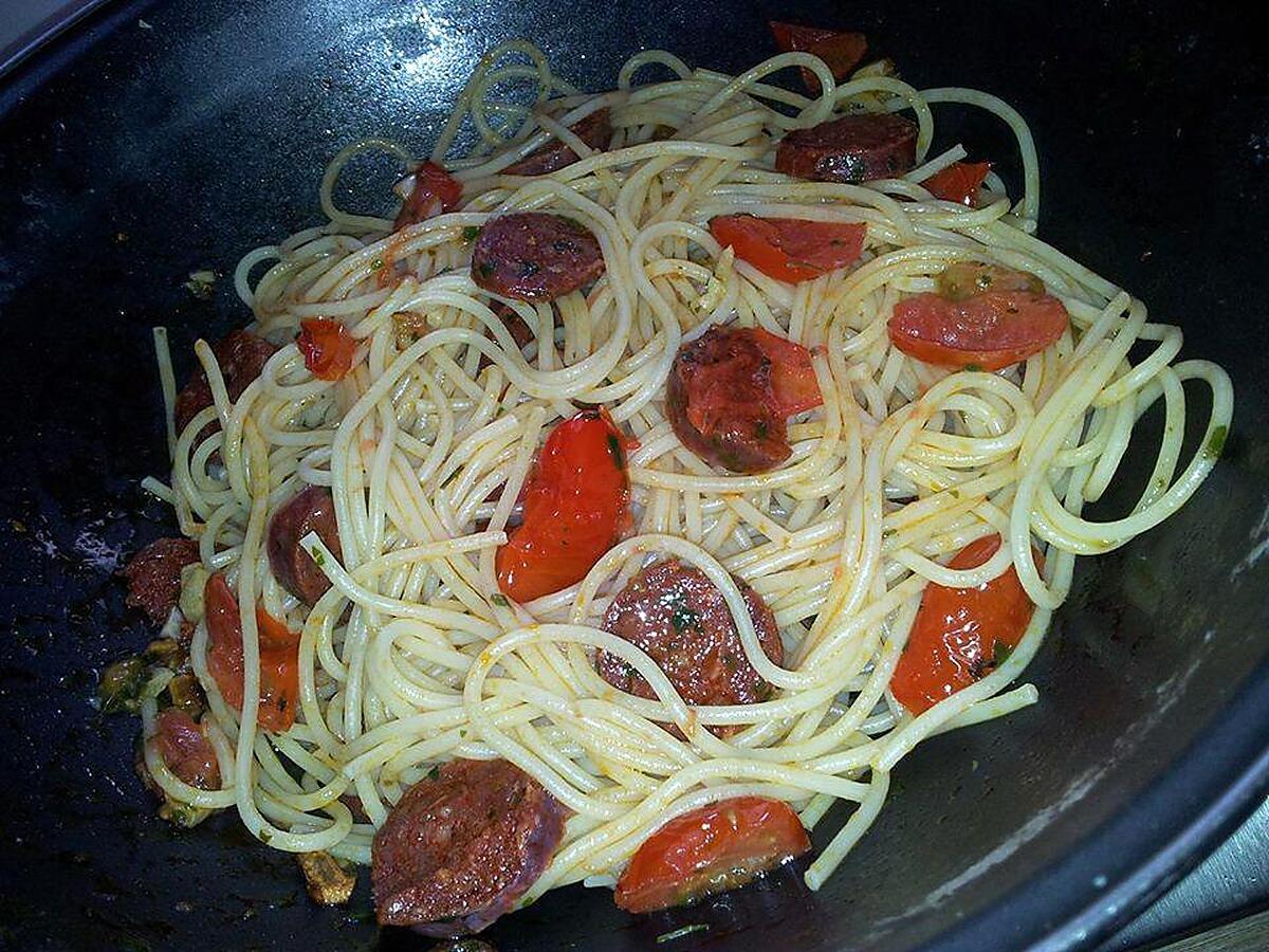 recette Spaghettis aux tomates cerise-chorizo