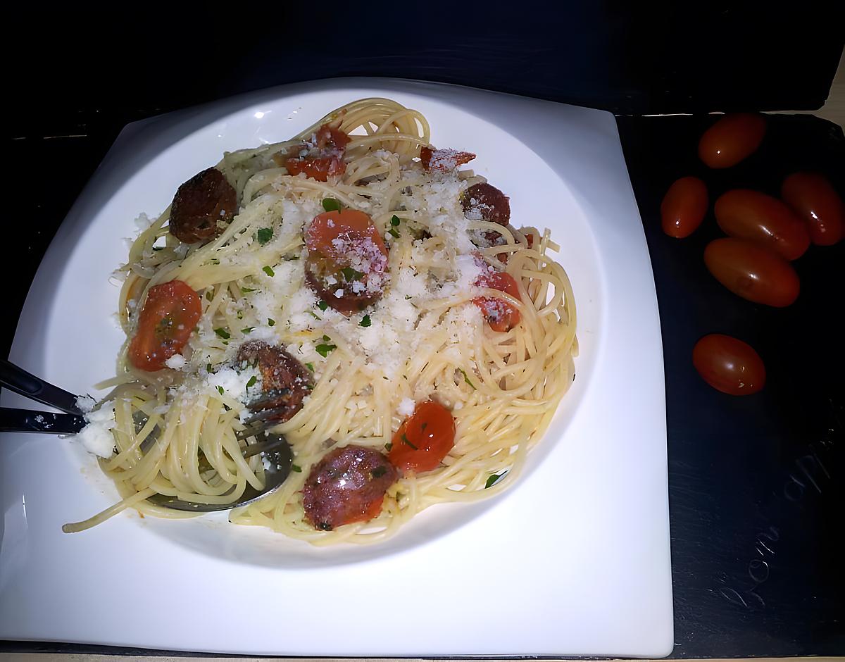 recette Spaghettis aux tomates cerise-chorizo