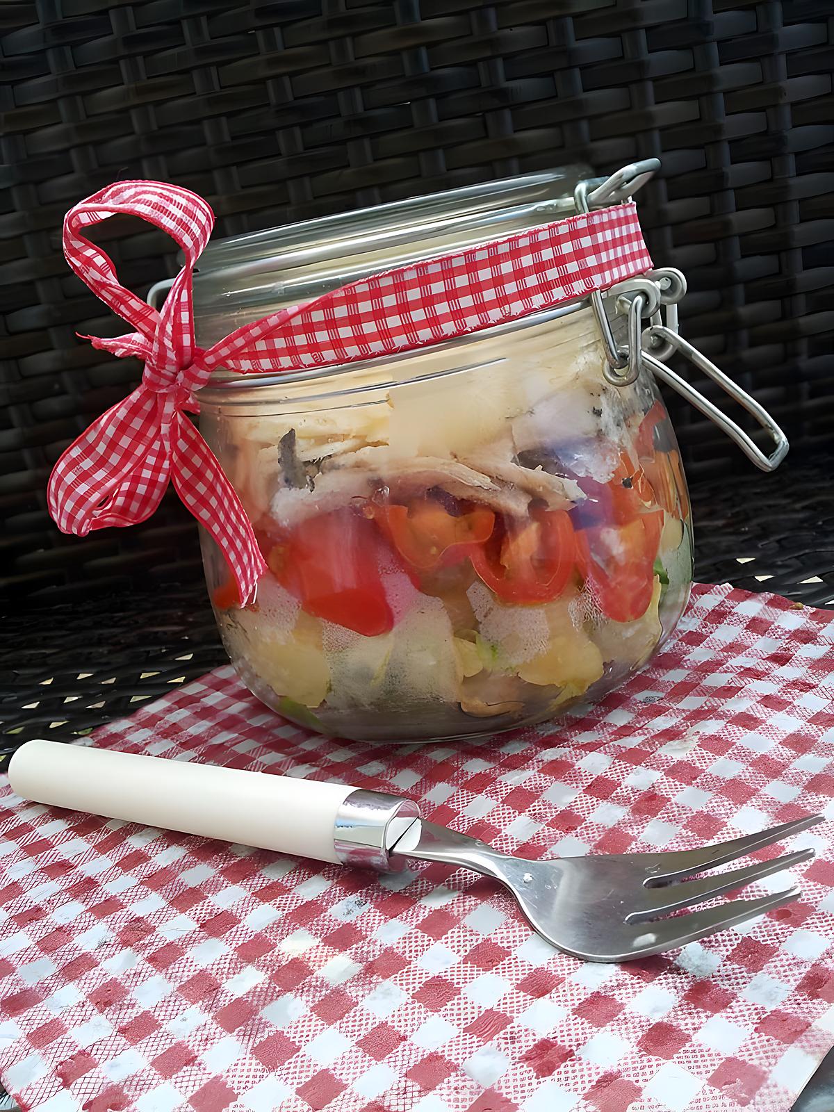 recette Salade en bocaux (salade verte-pomme de terre-tomate cerise-sardines-parmesan)