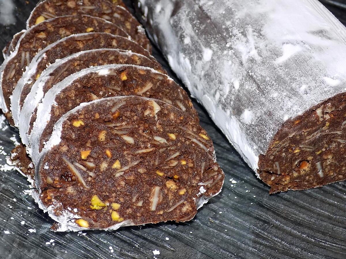 recette Saucisson au chocolat "amandes/pistaches"