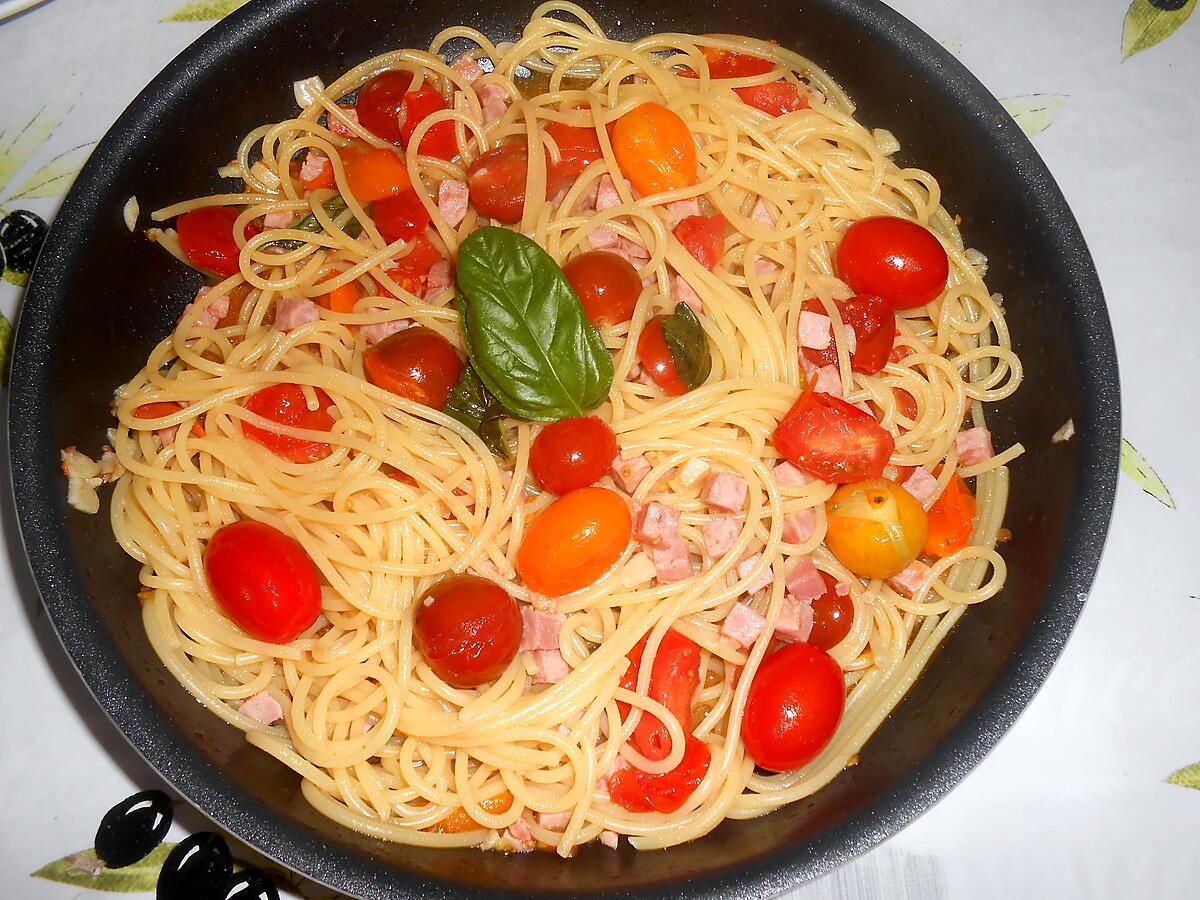 recette SPAGHETTI POMODORINI JAMBON BASILIC