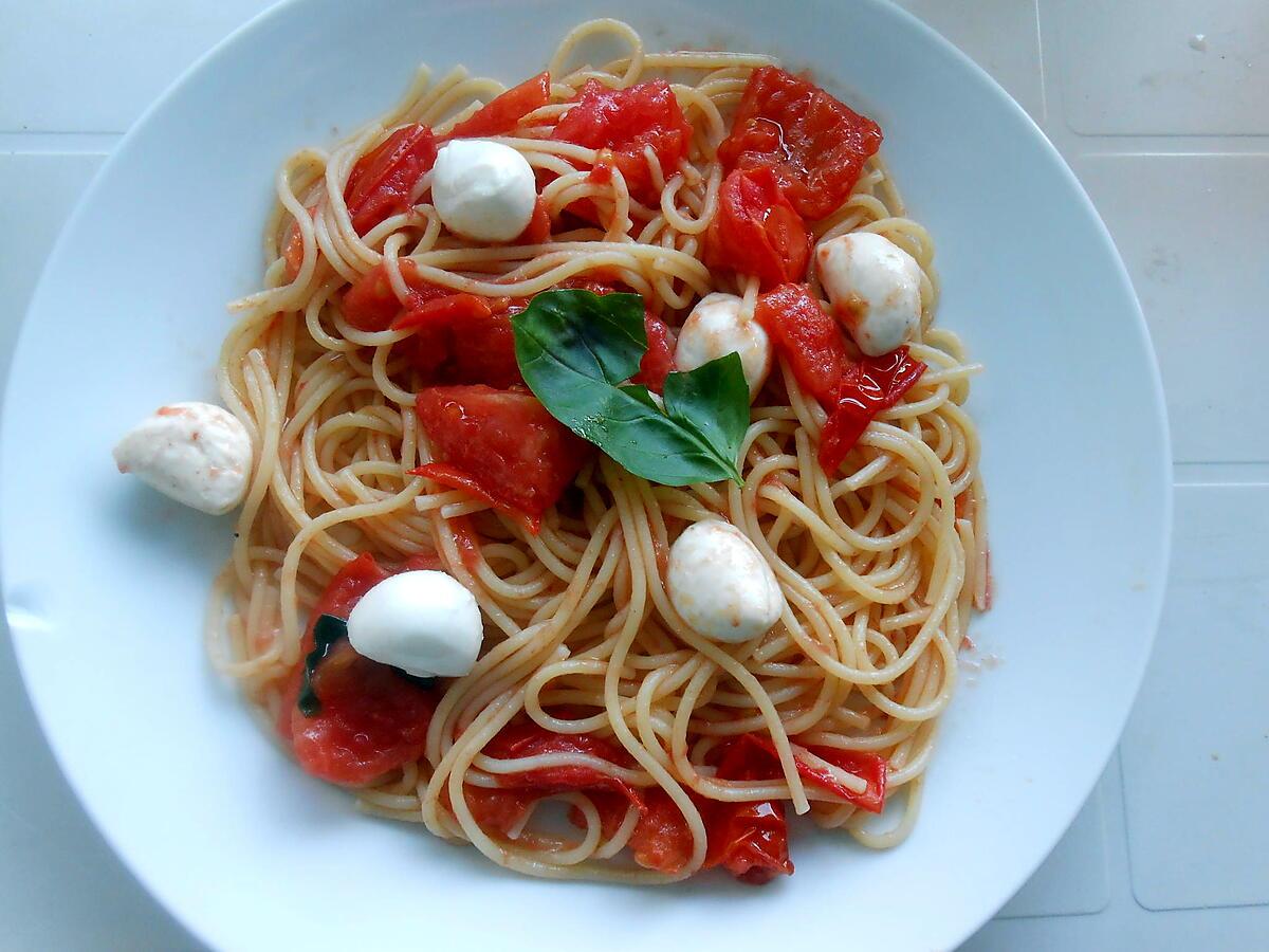 recette SPAGHETTI "EXPRESS" TOMATE MOZZARELLA BASILIC