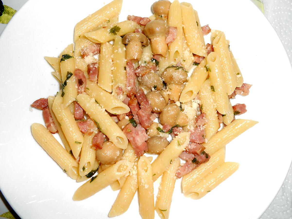 recette PENNE AUX LARDONS DE VOLAILLE ET CHAMPIGNONS