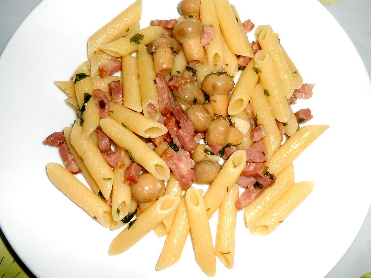 recette PENNE AUX LARDONS DE VOLAILLE ET CHAMPIGNONS