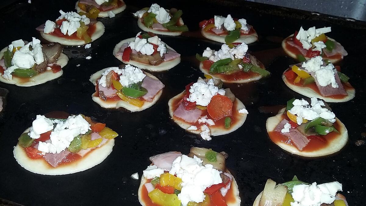 recette Minis pizzas apéritives au poivrons, champignons et au jambon