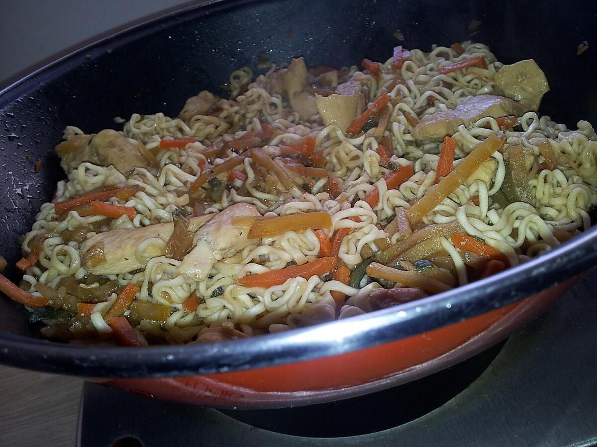 recette Wok de nouilles sautées au poulet et légumes