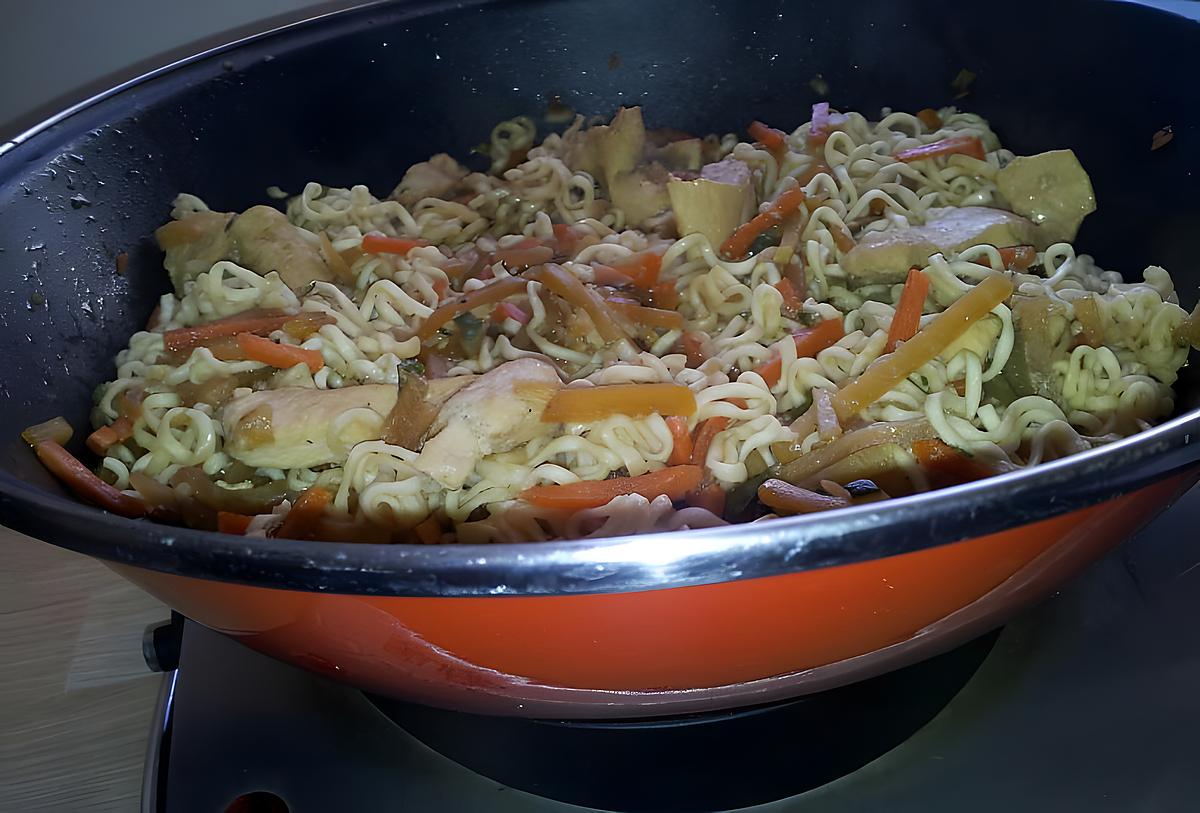 recette Wok de nouilles sautées au poulet et légumes