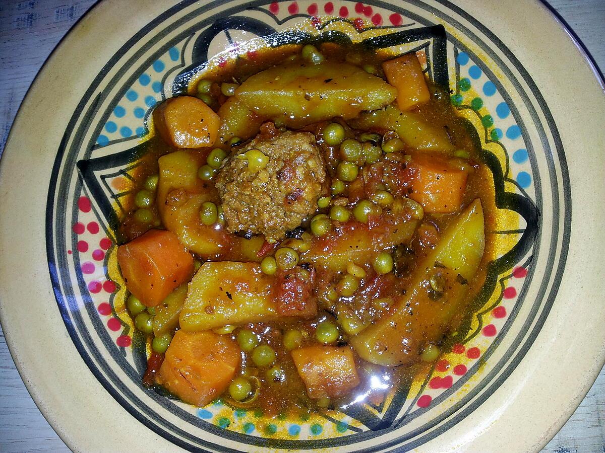 recette Tajine de boulettes de boeuf au pommes de terre carotte et petit pois
