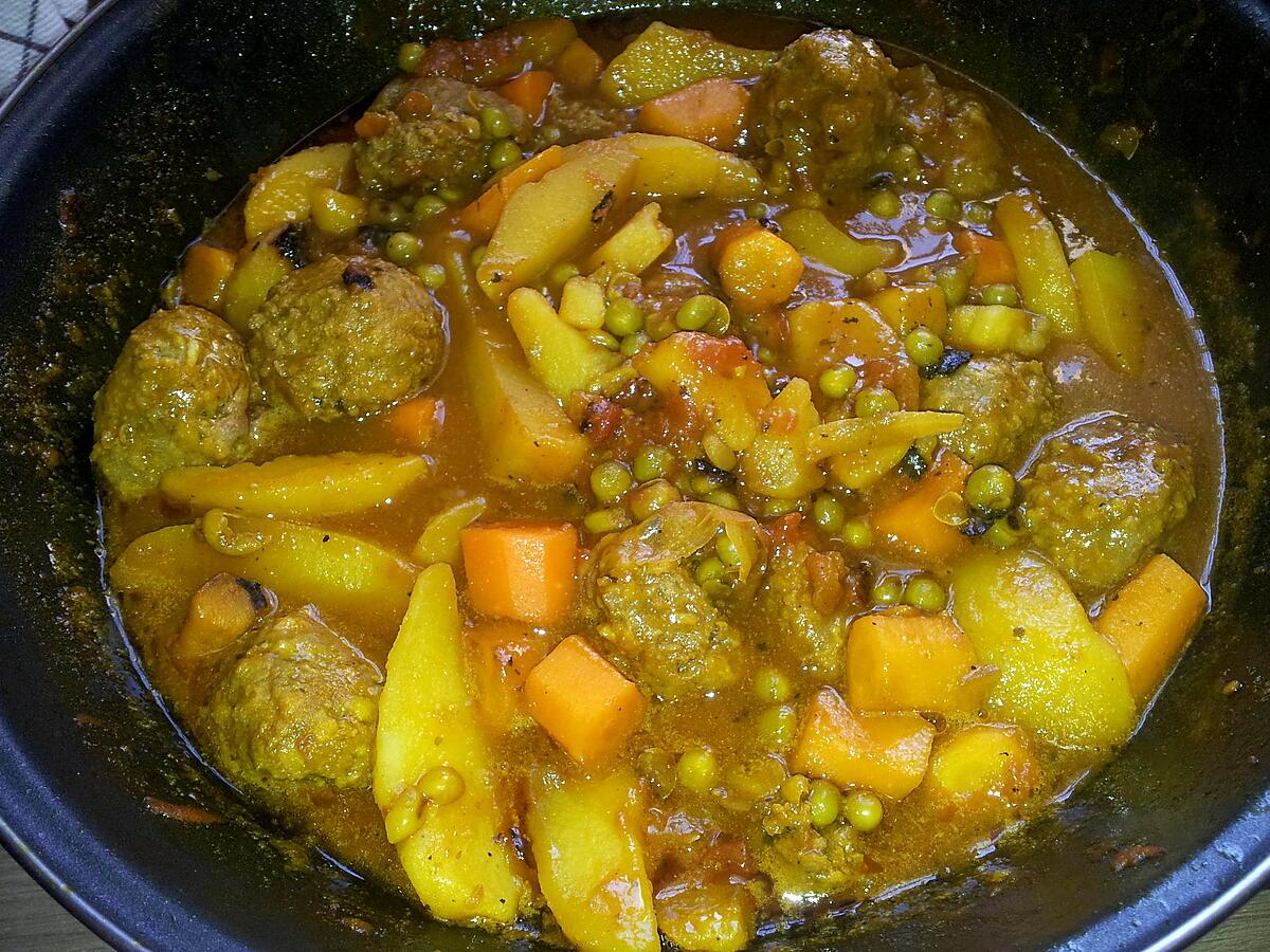 recette Tajine de boulettes de boeuf au pommes de terre carotte et petit pois