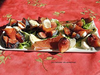 recette Salade de figues, jambon de pays, mozzarella et vinaigre de figues