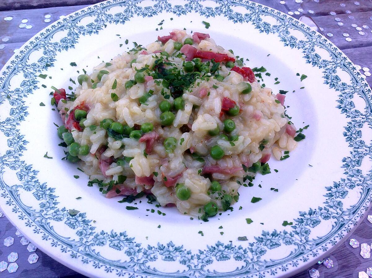 recette Risotto aux petits pois et allumettes de dinde fumées