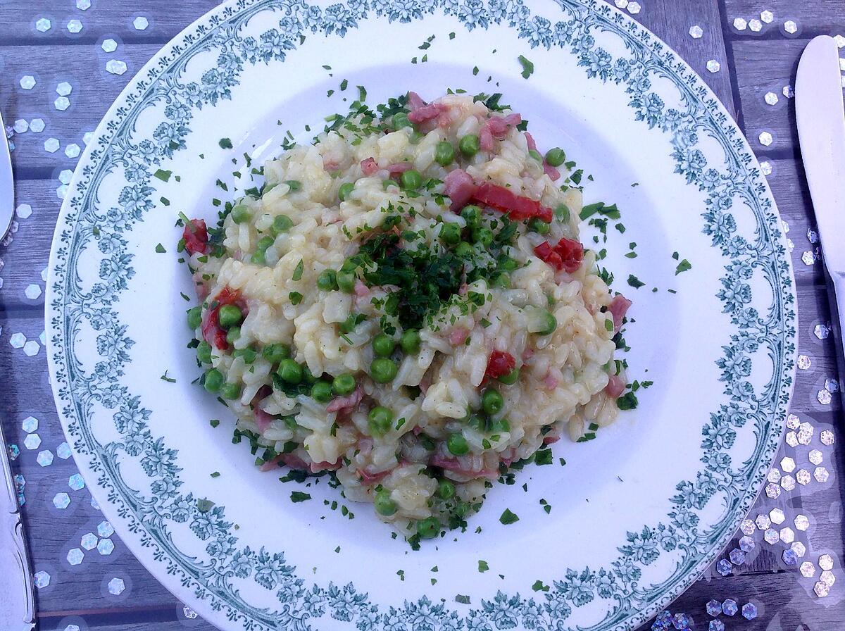 recette Risotto aux petits pois et allumettes de dinde fumées