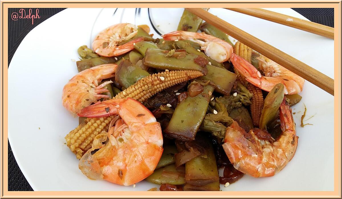 recette Wok de crevettes aux Haricots mange-tout et petits maïs
