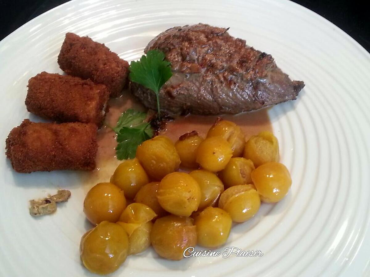 recette Steaks d'autruche moutardée aux poivres roses-noir, sauce crème