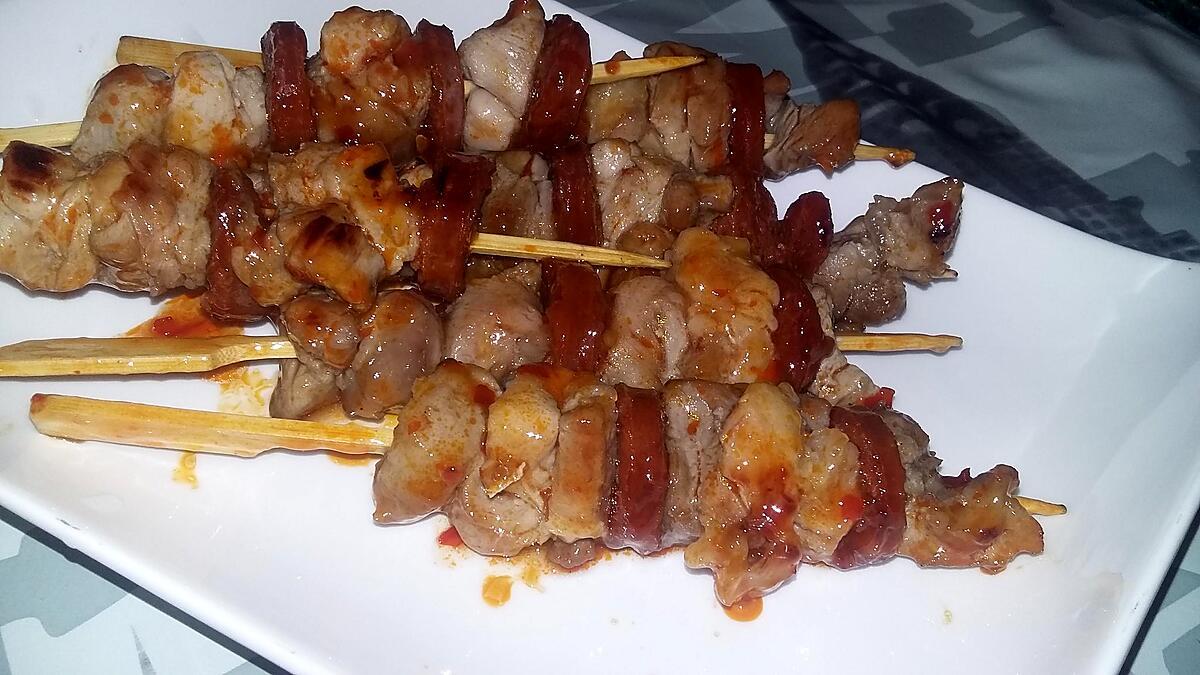 recette Brochettes d'échine de porc et chorizo sweet chili