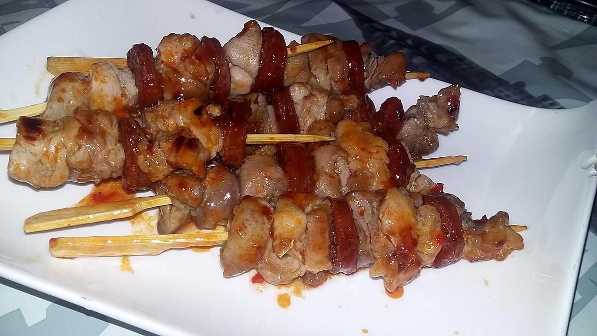 recette Brochettes d'échine de porc et chorizo sweet chili