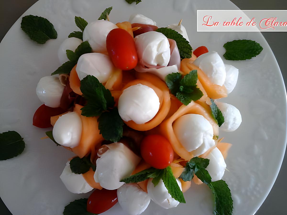 recette Bouquet de melon mozarella et jambon de Parme